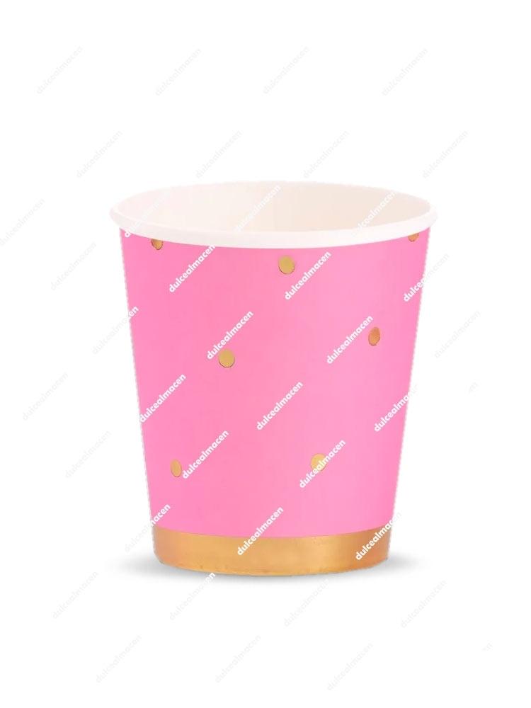 Vaso Cartón Rosa Lunares Dorados
